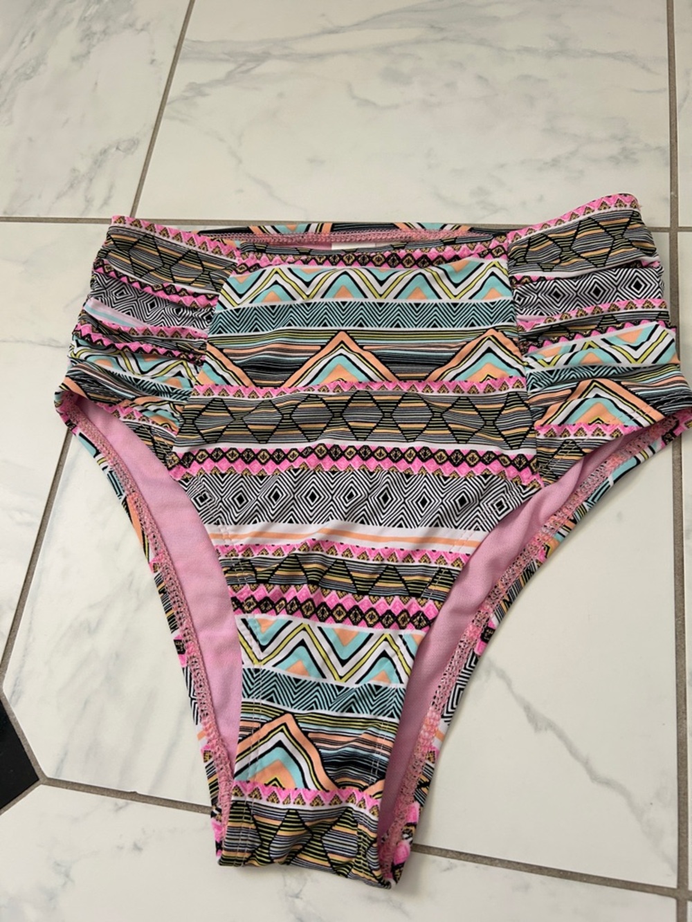 The Bikini Lab High-Waist Geo Print Bikini Bottoms in Pink and Aqua